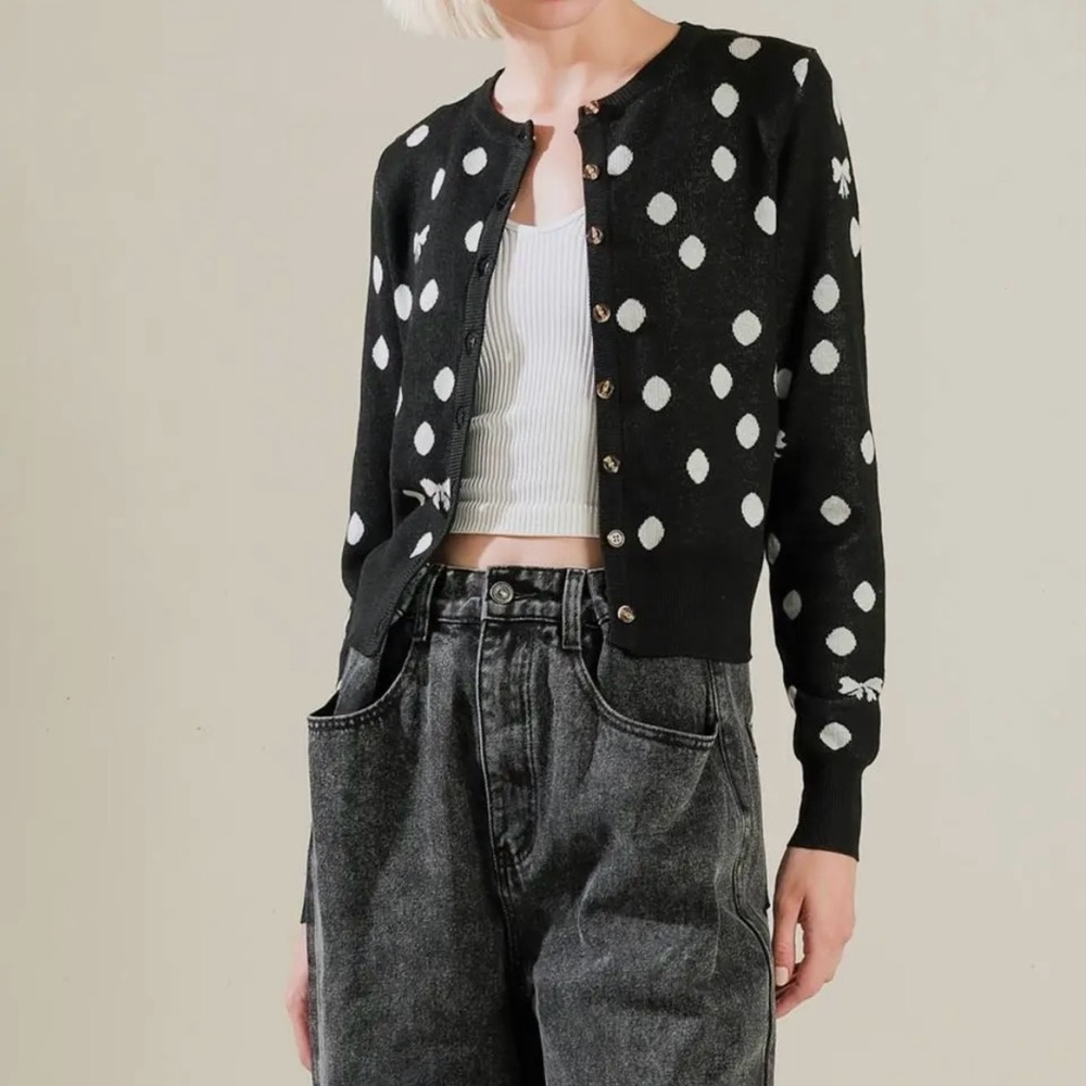 14. Black sweater knit cardigan with polka dots and bows